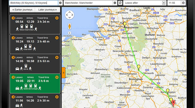 Screenshot of journey planner