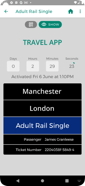 Screenshot of a travel app displaying a train ticket with countdown, origin, destination, passenger name, and ticket number.